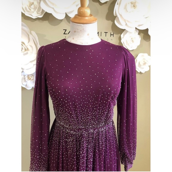 Plum Floor Length Rhinestone Beaded Evening Dress - Picture 5 of 6